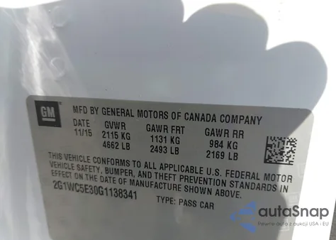 2016 Chevrolet Impala Limited Ltz z USA, uszkodzony, nr VIN 2G1WC5E30G1138341